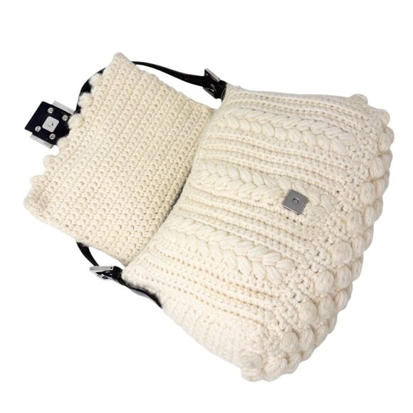 FENDI Vintage FF Logo Knit Mamma Baguette Shoulder Bag Wool Leather [106220] - Picture 11 of 15